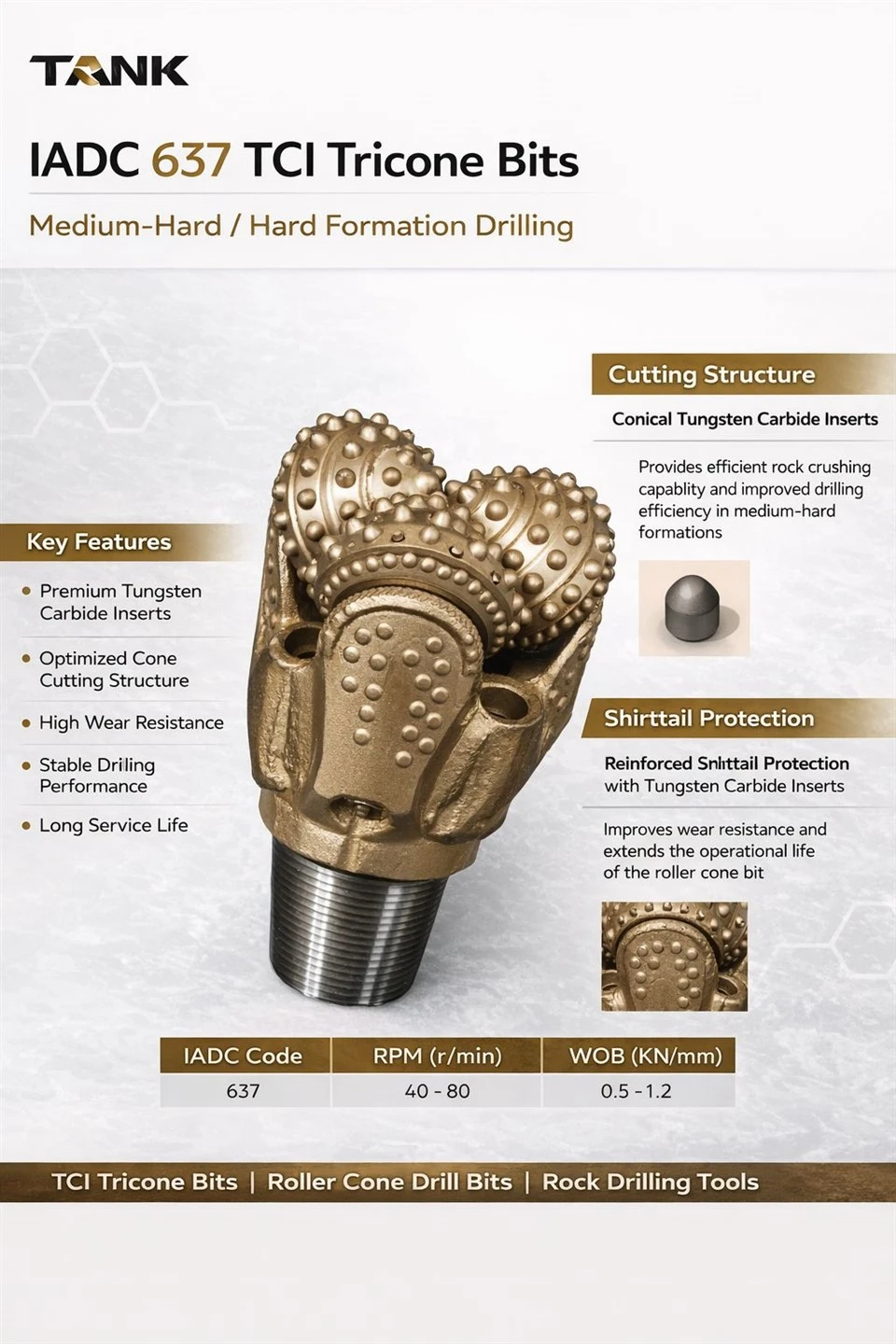 IADC 637 TCI Tricone Bits للحفر المتوسط ​​- من الصعب إلى الصلب الصخري